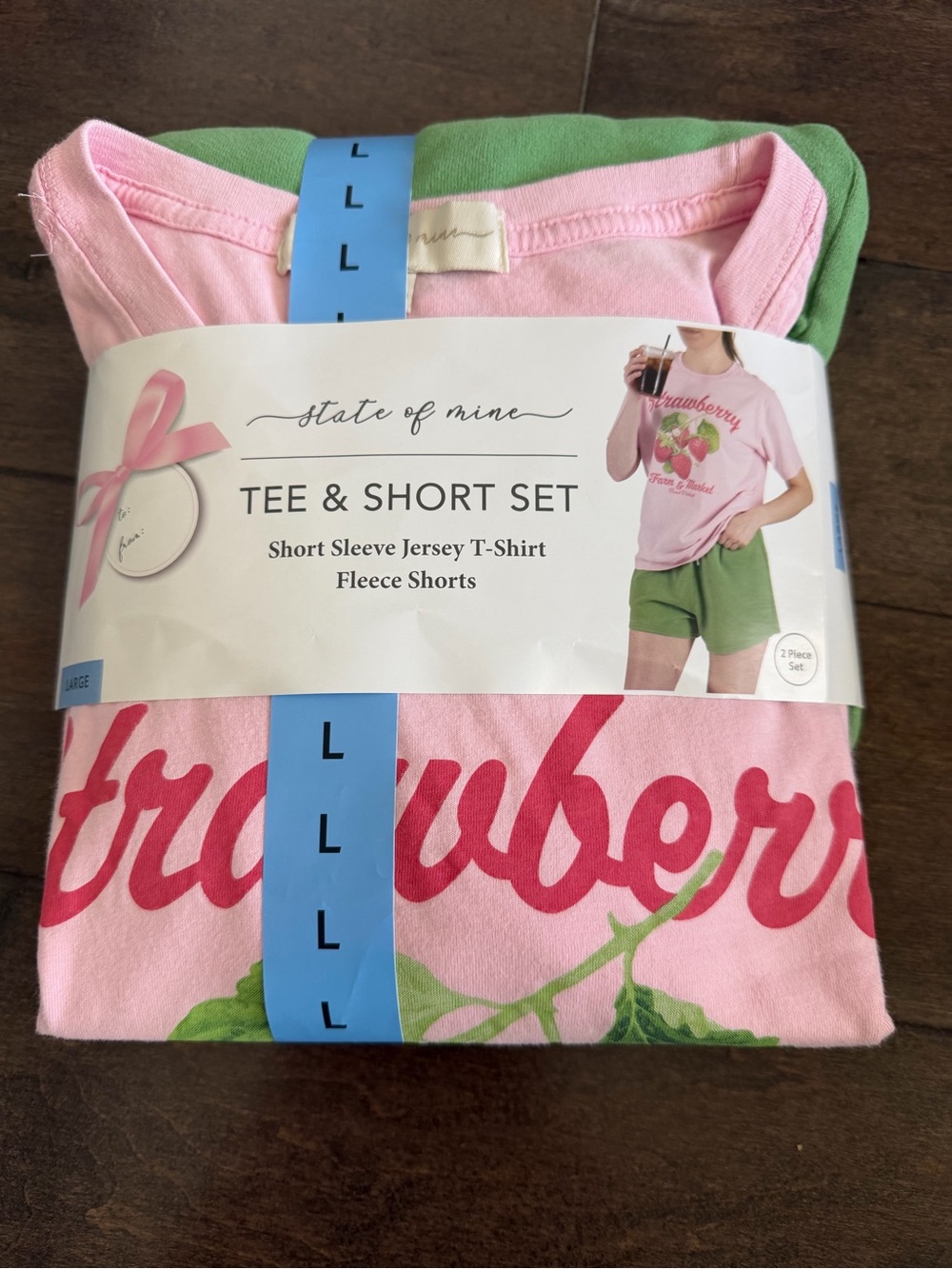 NWT State of Mine Womens Large Strawberry Lounge Set 2pc Pink Tee Green Shorts L